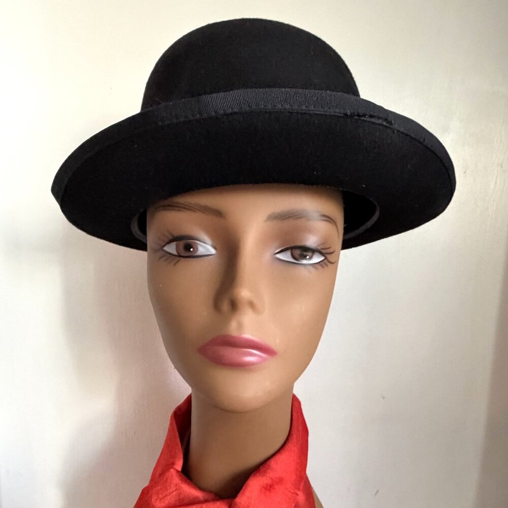 Vintage 1970s USA Derby Bowlers Black 100% Wool Brim Hat Size M L Unisex
